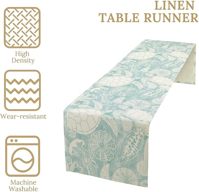 Marine Sea Turtle Table Runner, Ocean Beach Coral Starfish Seashell Table Runner for Kitchen Dining Wedding Party Banquet 13x70in