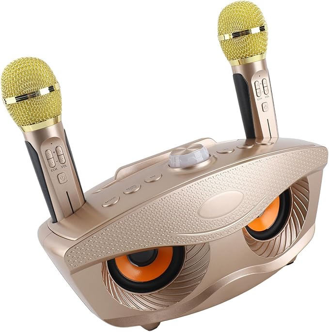 Speaker, KTV Karaoke Speaker with 2 Microphones for Home Party, 3000mAh Battery 10M Wireless Connection AUX Input USB Support (Gold)