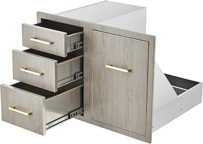 Stainless Steel Outdoor Kitchen Door Drawer Combo 29.5" W x 22.6" H x 21.7" D - Triple Drawers & Access Door, Propane Storage & Adjustable Garbage Ring, Weather-Resistant Flush Mount