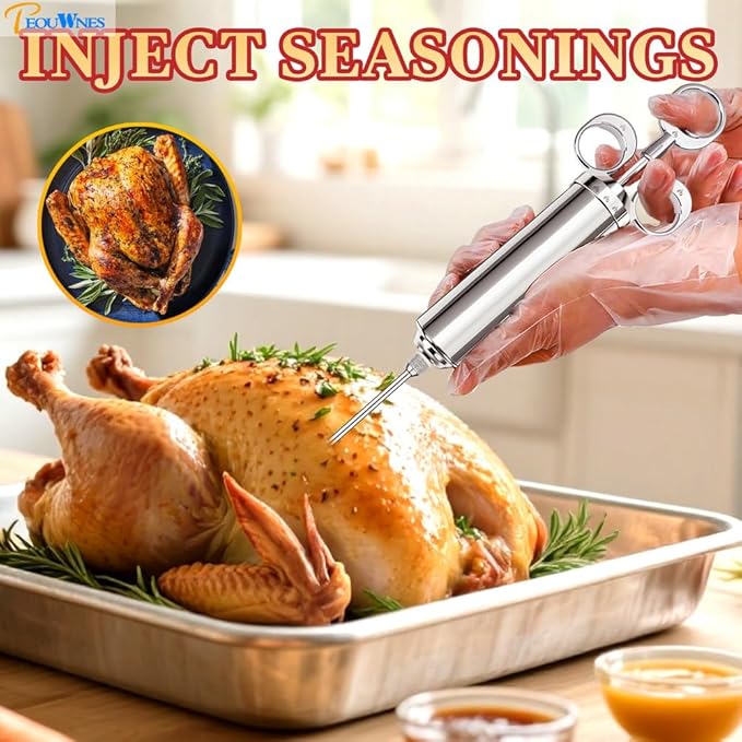 304-Stainless Steel Meat Injector Syringe Kit with 3 Marinade Needles for BBQ Grill Smoker, Turkey, Beef, Fish,Brisket, 2-oz Large Capacity, Silicone Brush and Cleaning Brush