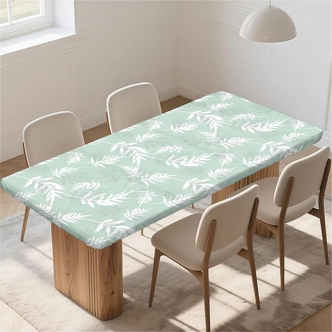Rectangle Table Cloth Cover Waterproof Elastic Fitted Polyester Fitted Tablecloths for 8 Foot Tables for Indoor,Picnic, Camping, Outdoor （96" x 30"，Palm Leaf）