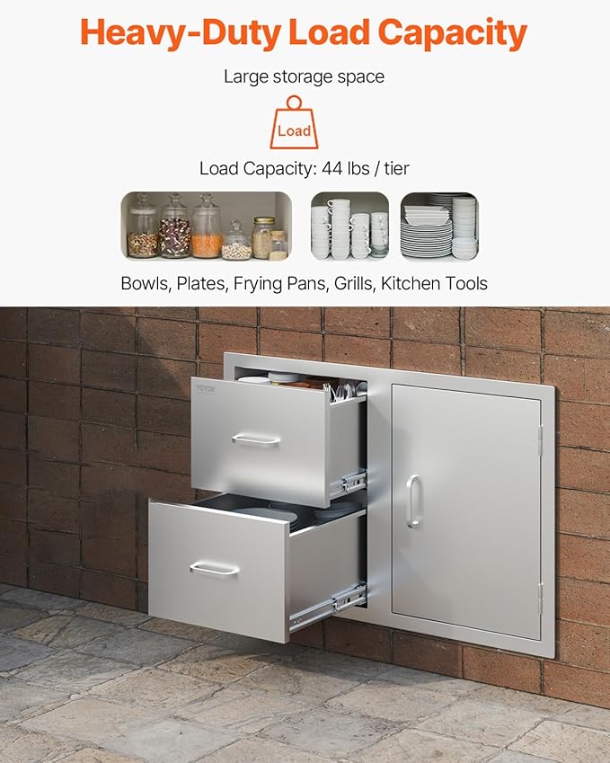 VEVOR Outdoor Kitchen Door Drawer Combo, 32.5" Wx21.7 Hx20.5 D, Access Door Double Drawers with Paper Towel Rack, BBQ Island Drawers with Stainless Steel Handles, 30.7" Wx20 Hx21 D Cutout Size