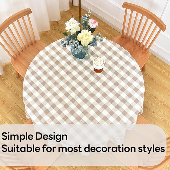 Gingham Table Cloth for Round Tables Beige Checkered Plaid Tablecloth Heavy Duty Cotton Blend Washable & Wrinkle Table Cover for Outdoor Kitchen Dining Picnic Camping (60 inch Diameter)