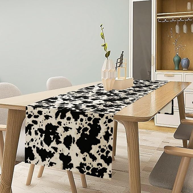 Cow Print Table Runner, Black White Animal Fur Skin Rustic Cowhide Pattern Table Runner for Kitchen Farmhouse Dining Home Outdoor Party 13x90in
