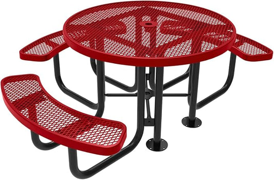 COATEDOUTDOORFURNITURE Heavy-Duty Portable Outdoor Picnic Table with Umbrella Hole, Expanded Metal Patio Dining Furniture Made in America (46" Round Top, Textured Red)