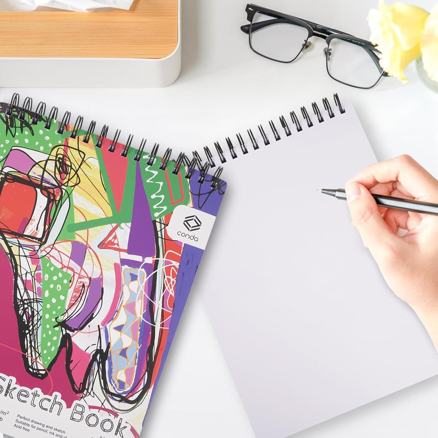 CONDA 9 x 12 Inch Sketchbook, Top Spiral Bound Sketch Pad, 100 Sheets (60 lb/90 GSM), Durable Acid-Free Sketch Paper, Drawing and Sketching Paper for Kids Adult Beginners