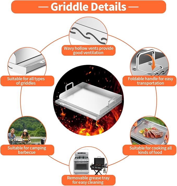 Griddle for Gas Grill- Stainless Steel Griddle, Flat Top Grill with Removable Grease Tray, Stove Top Griddle Pan for Charcoal Grill, Griddle Cooking Plate for Outdoor Grilling (17" x 13" x 2.2")