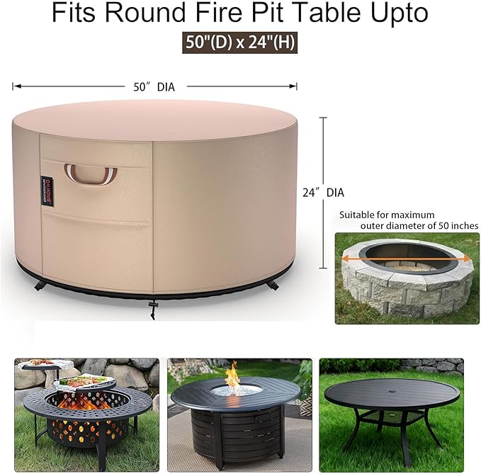 QH.HOME Fire Pit Cover Round-Fits Diameter 50" D X 24" H Heavy Duty 900D Strong Tear-Resistant and UV Resistant and Waterproof and Fading Resistant Polyester Firepit Covers Round for Outdoor Fire Pit