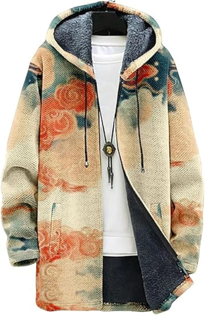 Men's Hooded Sweater Coat Knit Fleece Lined Long Cardigan Jacket with Zip Front Pocket Vintage Casual Zip Up