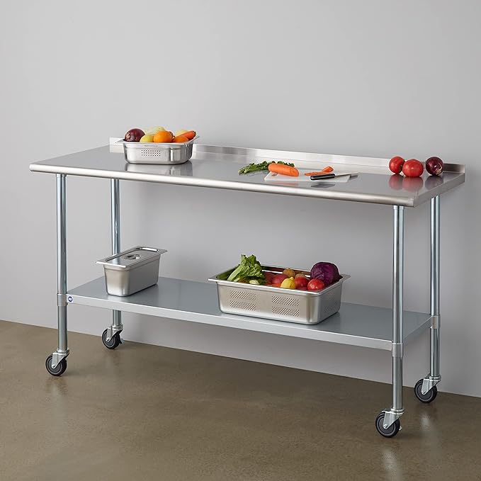 Stainless Steel Table for Prep & Work with Caster & Backsplash 24x72 Inches, NSF Metal Commercial Kitchen Heavy Duty Table with Adjustable Under Shelf and Table Foot for Restaurant, Home and Hotel