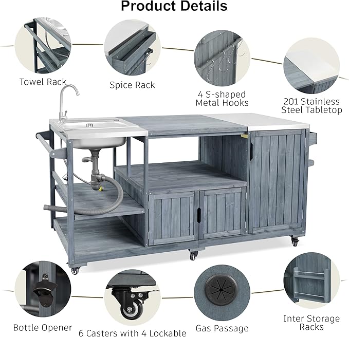 75.4" Outdoor Kitchen Grill Cart with Sink, Solid Fir Wood Island for XL Egg Grills, Rolling BBQ Bar Cart with Stainless Steel Top & Storage, Brown
