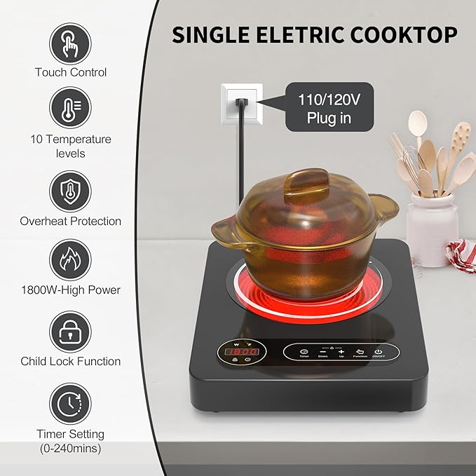 VBGK Single Burner Electric Cooktop,110V 1800W Electric Stove Top with LED Touch Control, 10 Power Levels, 4 hTimer, Safety Lock,Portable single burner cooktop