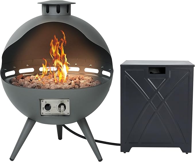 24-Inch Outdoor Propane Fireplace with 20 lb Tank Cover, 55,000 BTU Chimenea Propane Fire Pit, Hemispherical 3-Legged Firepit with Lava Rocks and Rain Cover, Gray