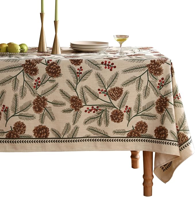 ISAENNE Designer Christmas Beige Linen Small Square Tablecloth,Pinecones Pattern Indoor Tablecloths,Washable Decor Table Cloth for Dining Thanksgiving Kitchen Christmas,55"*55"-Carol B
