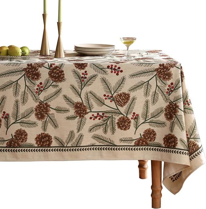 ISAENNE Designer Christmas Beige Linen Long Rectangle Tablecloth,Pinecones Pattern Indoor Table Cloths,Washable Decor Tablecloths for Dining Thanksgiving Kitchen Christmas,63"*94"-Carol B