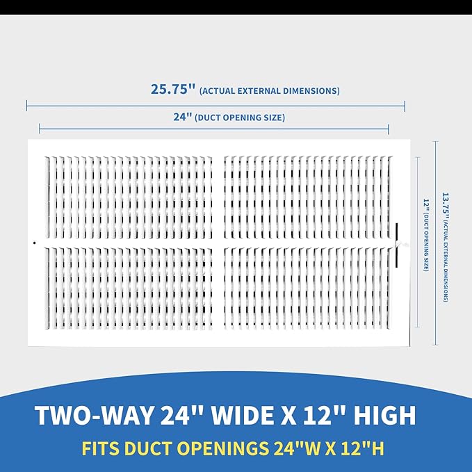 24x12 Vent Register [Duct Opening], Vent Covers for Home Ceiling, Two-Way Ventilation Register, Adjustable Solid Steel Wall Register Vent Cover (24"W x12"H [Duct Opening])