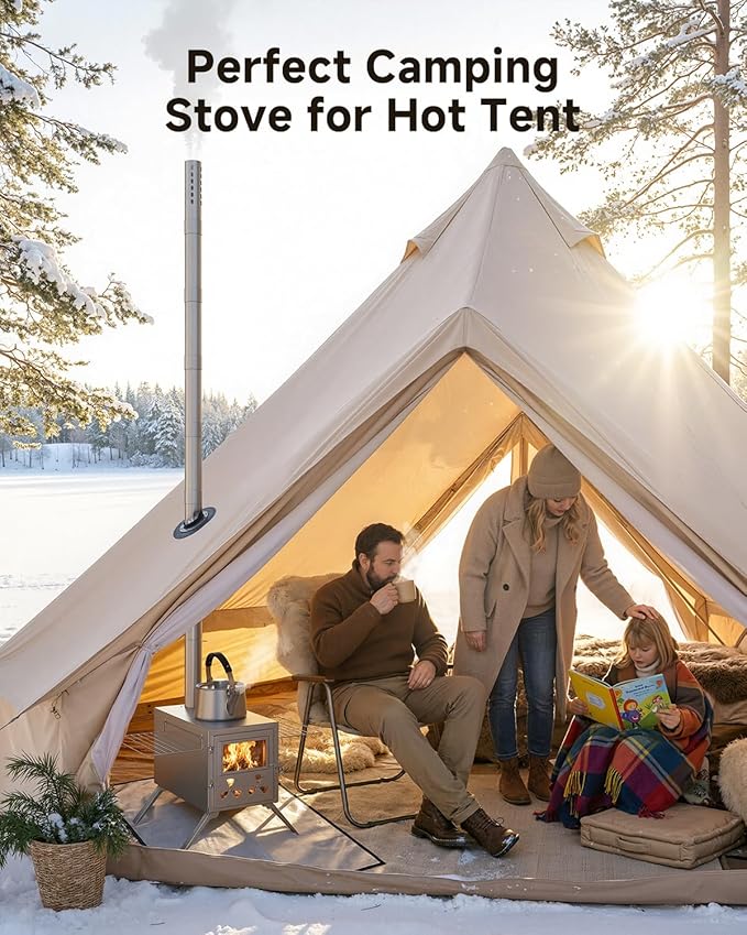 Hot Tent Wood Stove, Portable Camping Wood Burning Stove with 8 Stainless Chimney Pipes, Folding Wood Stove for Tent, Outdoor Heating, Cooking, Hunting, Ice Fishing