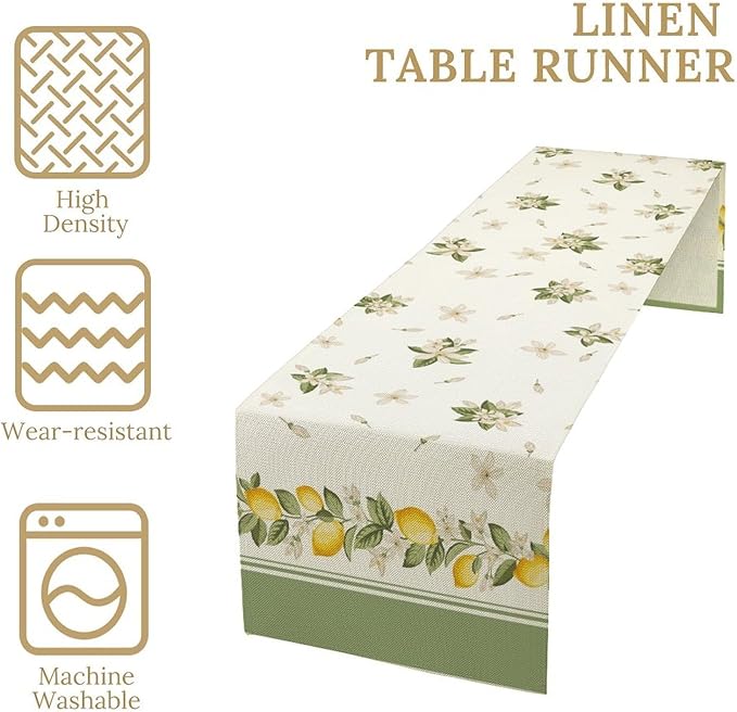 Lemon Spring Table Runner, Farmhouse Rustic Summer Flower Leaves Table Cover for Home Kitchen Dining Room Table, 13x36inch