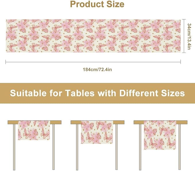 Watercolor Butterfly Table Runner, Cute Pink Butterfly Spring Modern Aesthetics Print Table Runner for Holiday Kitchen Dining Outdoor Home Party 13x90in