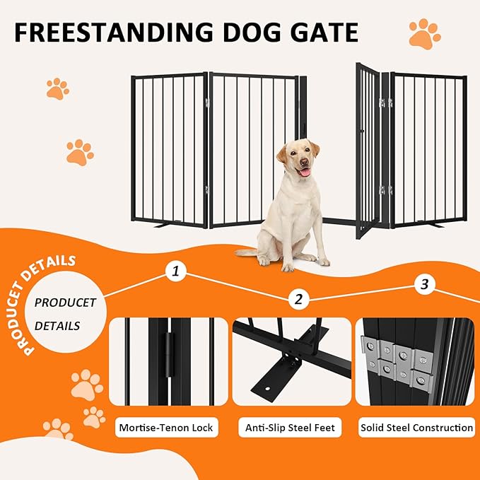 Metal Freestanding Dog Gate, Foldable Extra Wide 79", 32" Tall Large Opening Pet Gate for Indoor & Outdoor, Portable Dog Fence for Stairs, Doorways (Black, 4 Panels)