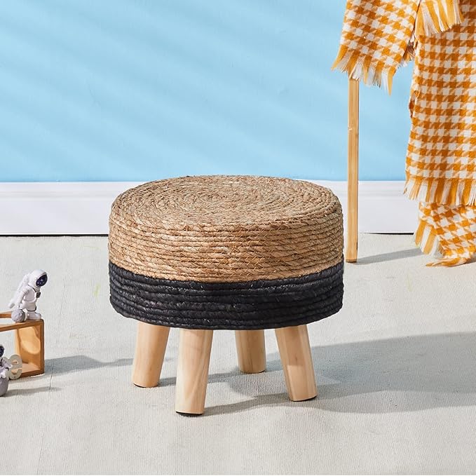 Wimarsbon Round Foot Stool Natural Seagrass Poufs Ottoman Hand Weave Footrest Stool for Couch Desk Extra Seat Step Stool with Solid Wood Legs for Hallway Patio Lounge Black