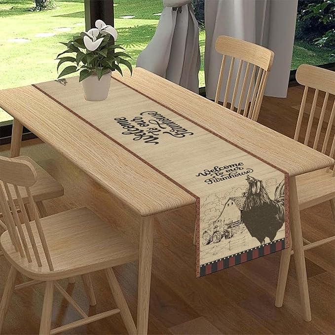 Rustic Farmhouse Table Runner, Vintage Barn Cottage Rooster Retro Farm Country Chicken Wooden Plank Coffee Table Center Decor for Home Kitchen Dining Patio Holiday Party Table Decorations 13"x108"