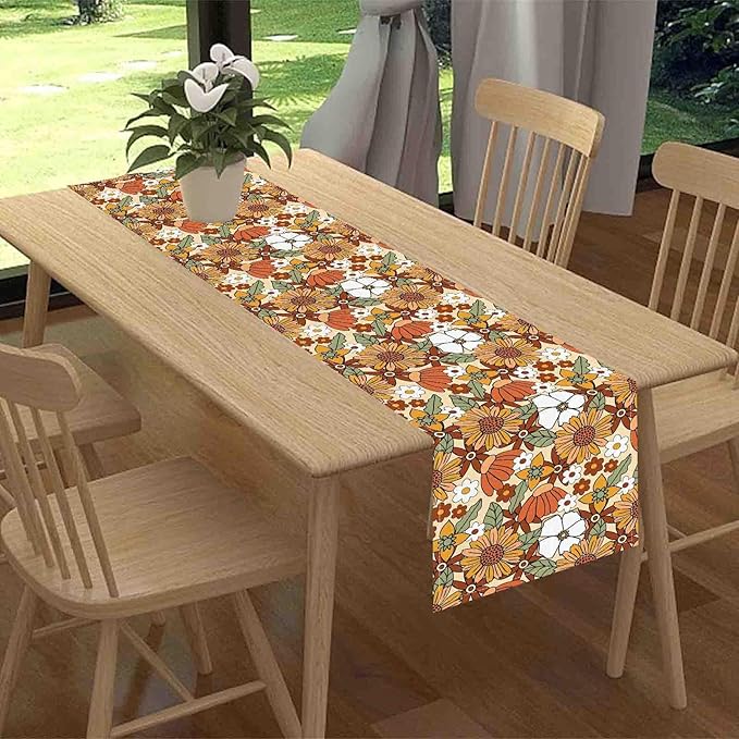 70s Floral Table Runner, Retro Groovy Hippie Oange Floral Funky Daisy Trippy Coffee Table Center Decor for Home Kitchen Dining Patio Holiday Party Indoor Outdoor Table Decorations, 13"x90" Inch