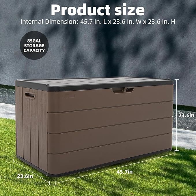 100 Gallon Plus Resin Deck Box, Waterproof Outdoor Storage Box for Patio Furniture, Garden Tools, and Pool Accessories, Lockable UV-Resistant Storage Bin Bench Cabinet for Outside, Brown