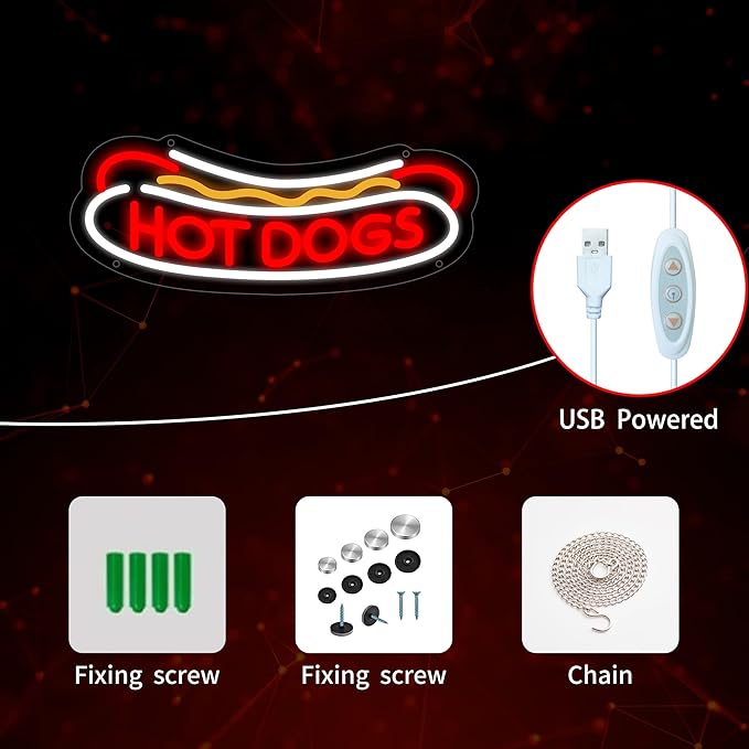 Hotdog Neon Sign for Wall Decor, Hotdog Led Signs, Dimmable USB Powered Neon Light Sign for Fast Food Shops, Home, Business, Bar Pub, Store