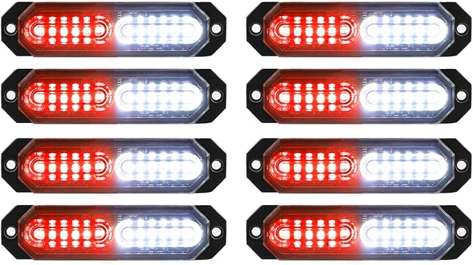 ASPL 8pcs Sync Feature Ultra Slim 12-LED Surface Mount Flashing Strobe Lights for Truck Car Vehicle LED Mini Grille Light Head Emergency Beacon Hazard Warning Lights (Red/White)