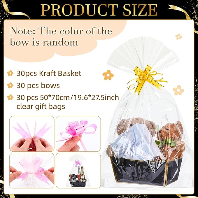 Tuanse 30 Pcs Basket for Gift Empty DIY Bulk Gift Basket Kit with Handle Kraft Cardboard Tray with 30 Bag 30 Bow Market Tray for Wedding Party(Black Gold,9.8 x 6.7 x 4.3 in)