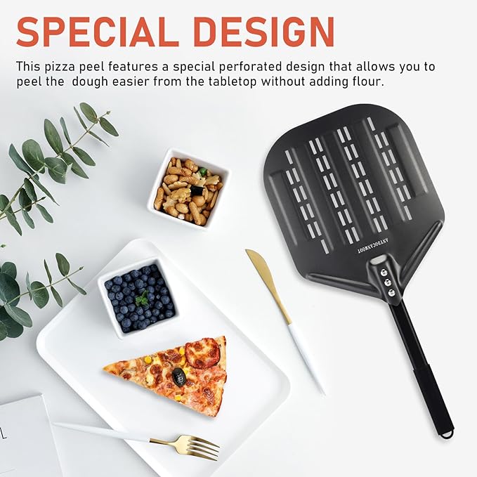 Perforated Pizza Peels 6 INCH pizza spatula paddle Long Handle Metal Pizza Spatula for Indoor and Outdoor (12 Inch Black)