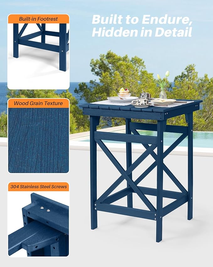HDPE Outdoor Bar Table, 41" Adirondack Outdoor Bar Height Table, All Weather HDPE High Top Pub Table, Square HDPE Patio Bar Tables for Balcony, Deck, Backyard, Poolside, Navy