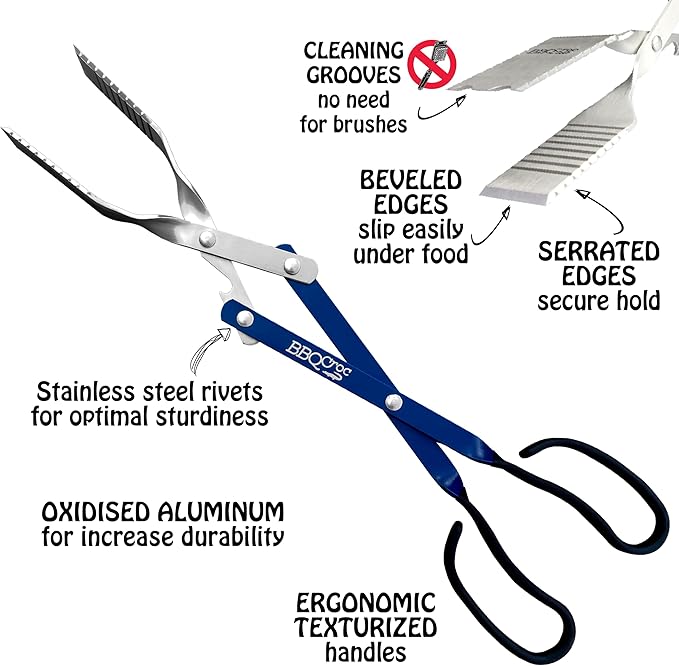 3 in 1 Barbecue Tool 18-inch by BBQ Croc - Light and Long Tongs, Spatula and Grill Scraper (Blue) (18 inch Without Flashlight)