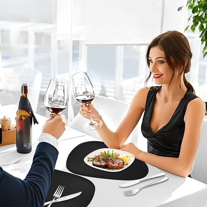 Herda Black Placemats Set of 6 for Dining Table Mats, Faux Leather Place Mats Wipeable Washable Placemats for Round Table Mats for Dining Patio Heat Resist Easy to Clean Halloween Place Mats Indoor