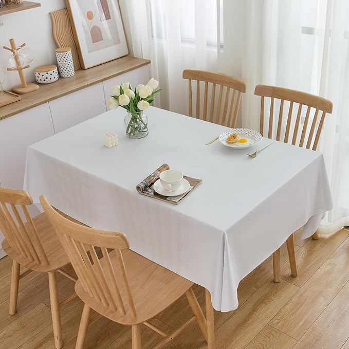 LIBERECOO Vinyl Tablecloth with Flannel Backing, Solid White, Waterproof, Stain-Resistant, Easy-Clean Table Cover for Dining, Kitchen, and Outdoor Use, 60" x 120" Rectangle