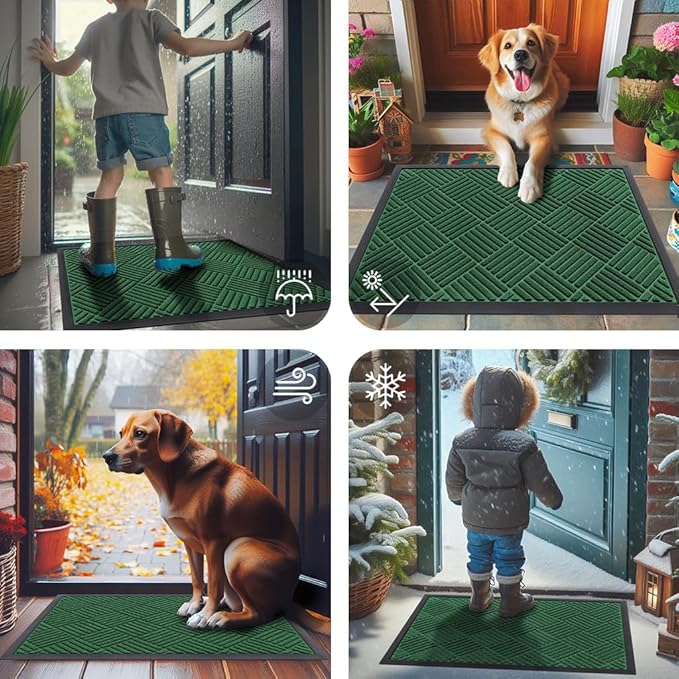 Smiry Front Door Mat Outside Entrance, Heavy Duty Outdoor Indoor Natural Rubber Doormat, Non Slip, Trap Dirt and Moisture, Easy Clean, Low Profile Patio Porch Entryway Mat, 71x23, Green