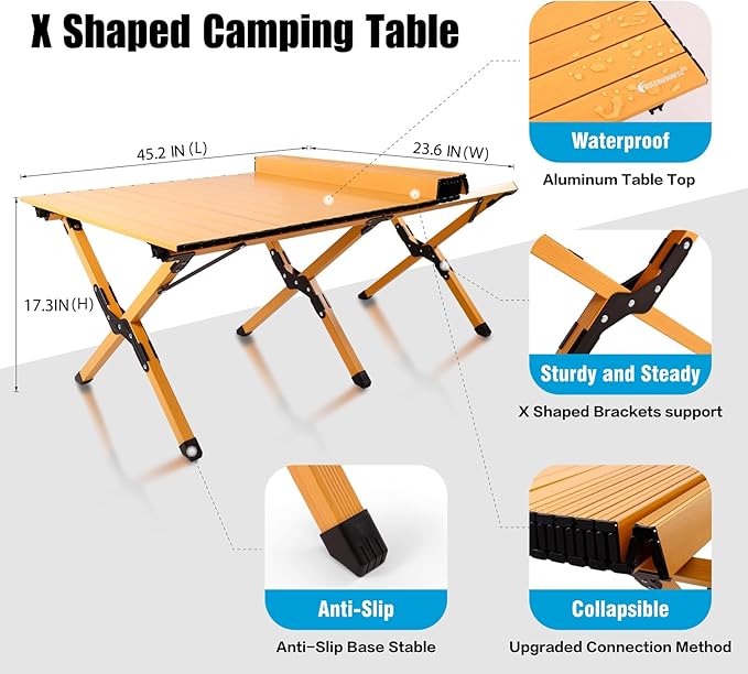 Folding Camping Table, Lightweight Roll-Up Table Aluminum Low Portable Picnic Table with Carrying Bag for Outdoor, Beach, Picnic, Backyards, BBQ and Party, 45.2''D x 23.6''W x 17.3''H