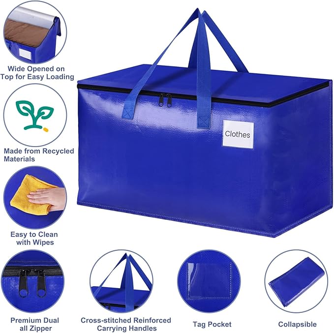 StorageRight Heavy Duty Moving Boxes-Moving Bags with Zipper, Reinforced Handles and Tag Pocket-Collapsible Moving Supplies-Totes for Storage Great for moving, Storage and Travel 93L(Blue-8 Pack)
