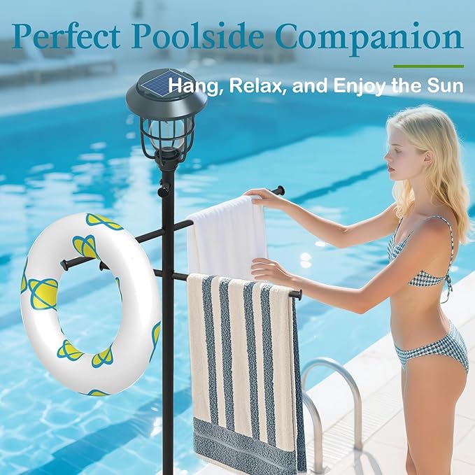 Sturdy & Solar-Powered Pool Towel Rack Outdoor - Adjustable Towel Racks with Wheels & Lights for Backyards