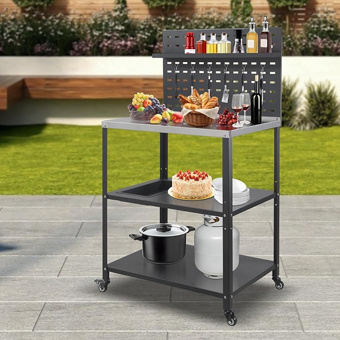 Three-Tier Grill Cart with Hanging Plate,Grill Table with 2 Locking Casters for Patio and Backyard,Stainless Steel Pizza Oven Stand Table,Black