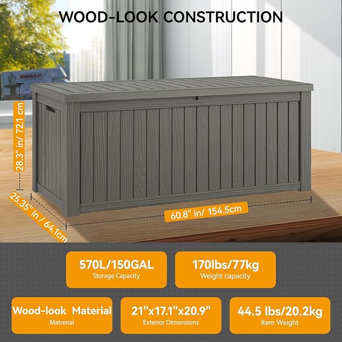 150 Gallon Outdoor Storage Box, Resin Deck Boxes Outdoor Waterproof For Patio Furniture, Garden Tools, Pool Supplies, Durable And UV Resistant, Lockable