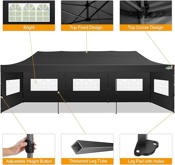 COBIZI 10x30 Pop up Canopy Tent 10x30 Canopy with 8 Sidewalls Waterproof Heavy Duty Commercial Tent for Parties Outdoor Garden Gazebo, Carry Bag with Wheel(10x30ft, Black)
