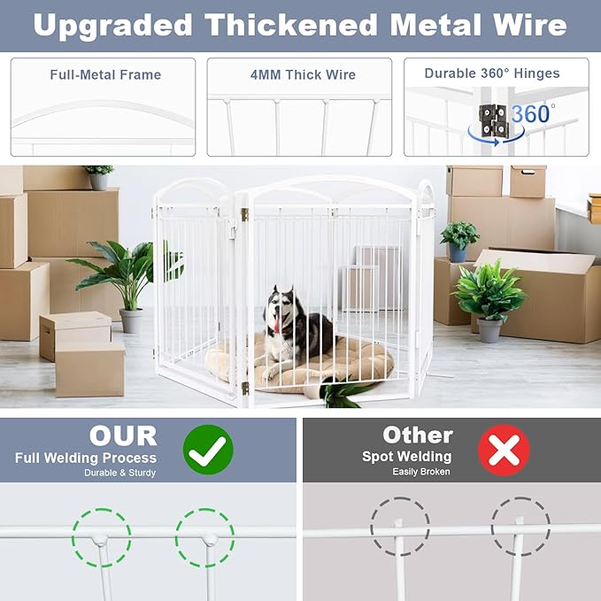 Full Metal Free Standing Dog Gate with Door for Indoor Outdoor, 144'' Extra Wide 32'' Tall Dog Gate for Doorways,Large Openings,Decks,Freestanding Portable Pet Fence(6 Panels,Black)