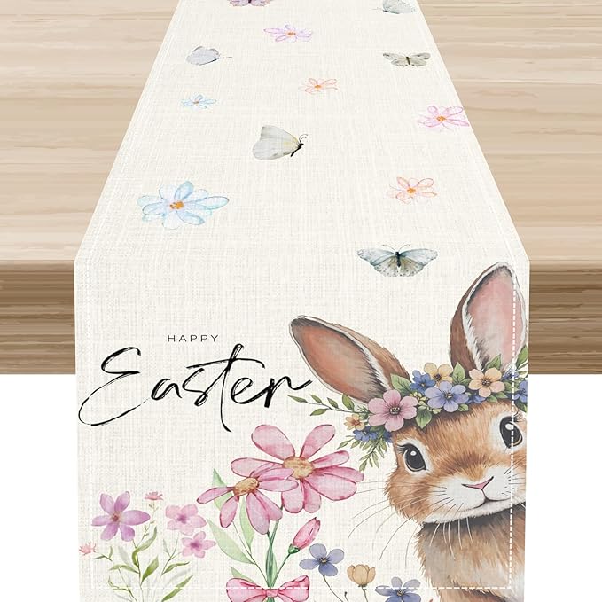 Easter Table Runner,Boho Floral Bunny Rabbit Butterflies Pink Blue Spring Easter Table Center Decor for Family Kitchen and Living Room Outdoor Farmhouse Party Table Decorations, 13"x72"