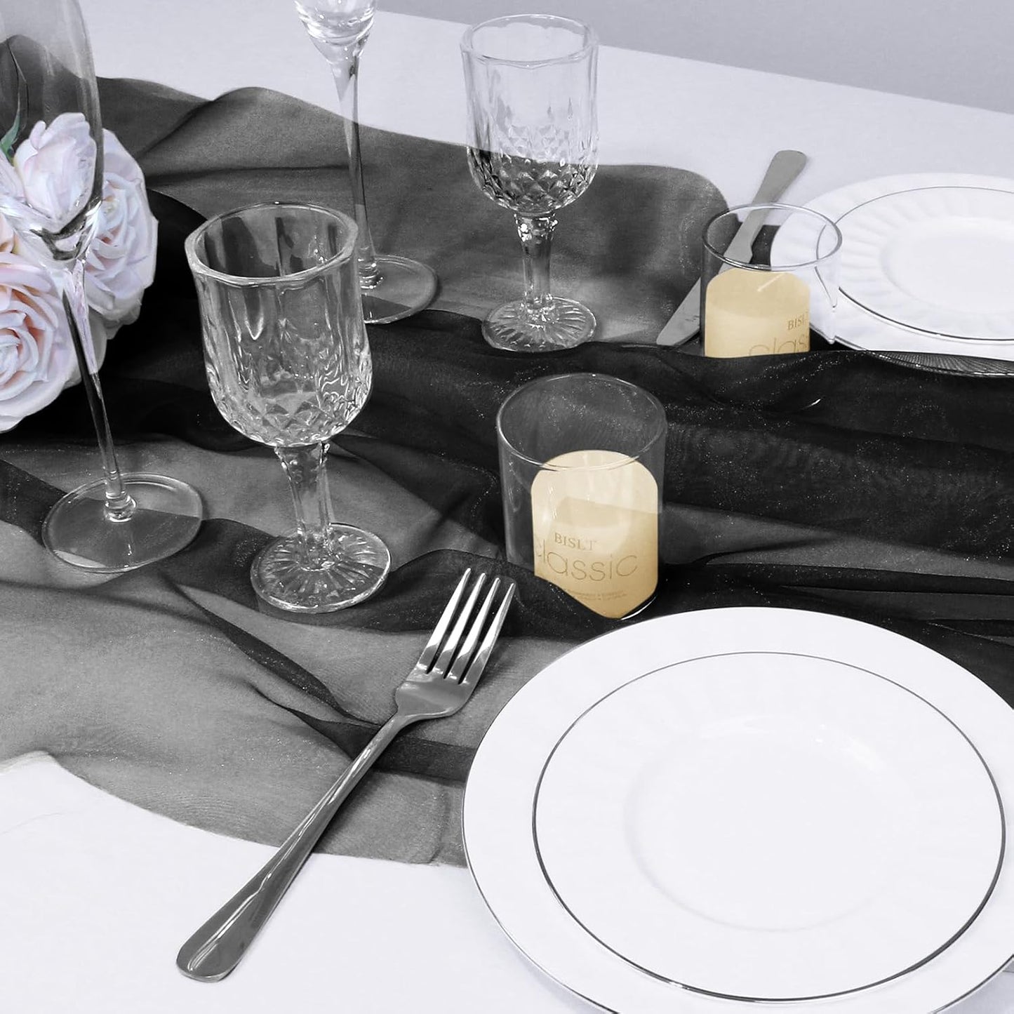 VACVELT Sheer Organza Fabric by The Yard, 60 Inch Wide Black Organza Fabric Bolt Bridal Sheer Tulle Fabric, Silk Organza Fabric Roll for Wedding Party Decorations Backdrop Curtain (10 Yards)