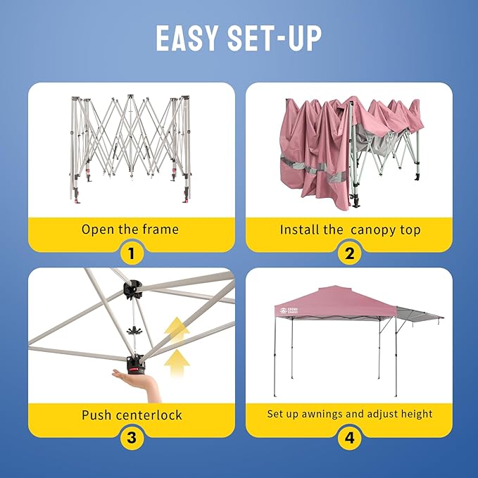 CROWN SHADES 10x10 Pop Up Canopy Tent with Patented Center Lock, Instant Commercial Canopy with Extendable Awning, 150D Silver Coated Fabric, 4 Weight Bags, Ropes, Stakes & STO ’N Go Wheeled Bag, Pink