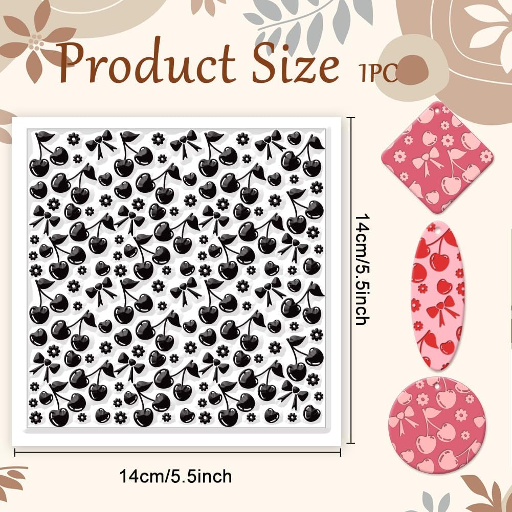 CHGCRAFT Cherry Polymer Clay Texture Sheets Flowers Bow Silicone Texture Stamp Clay Modeling Pattern Pad Texture Sheets for Polymer Clay Making Earrings Jewelry