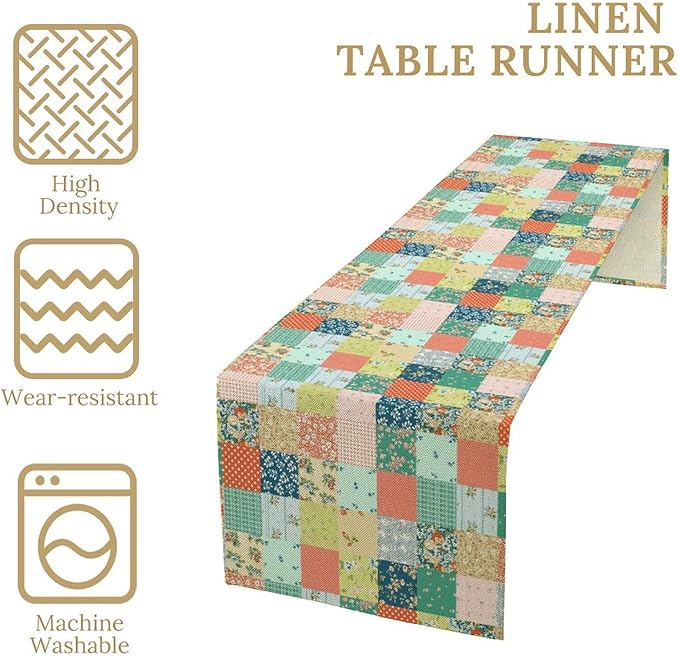 Boho Floral Patchwork Table Runner, Colorful Flower Print Rustic Farmhouse Country Vintage Paisley Table Runner for Dining Cafe Holiday Kitchen Home 13x120in