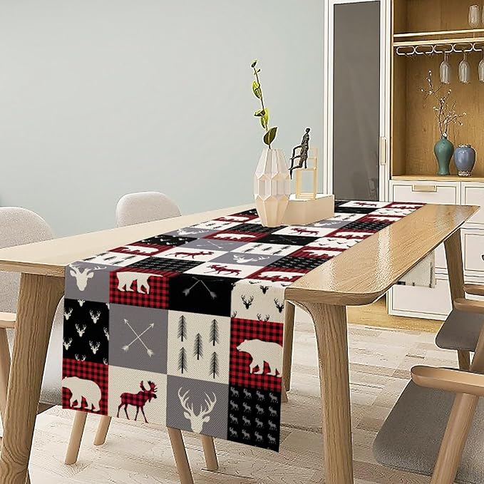 Farmhouse Bear Deer Table Runner, Retro Rustic Village Buffalo Plaid Table Runner for Coffee Table Dining Room Table Bedroom Party Holiday 13x90in
